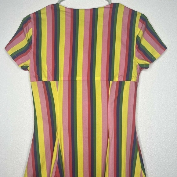 STAUD Alice Pink Colorful Rainbow Striped Poplin V-Neck Tie-Front Dress Sz 2 - Picture 9 of 14